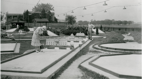 black and white historic photo of mini golf