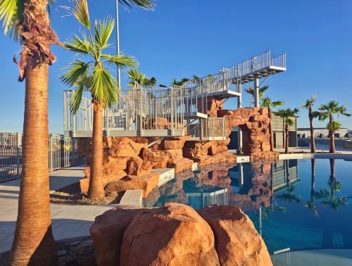 a diving platform with naturalistic rock-like formations