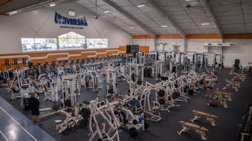 a fitness room with equipment